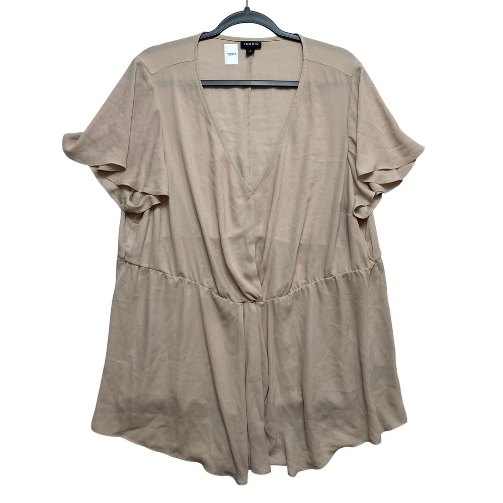 Torrid Top Womens 2X Beige Peplum Flutter Sleeve V-Neck Elastic Waist Georgette
